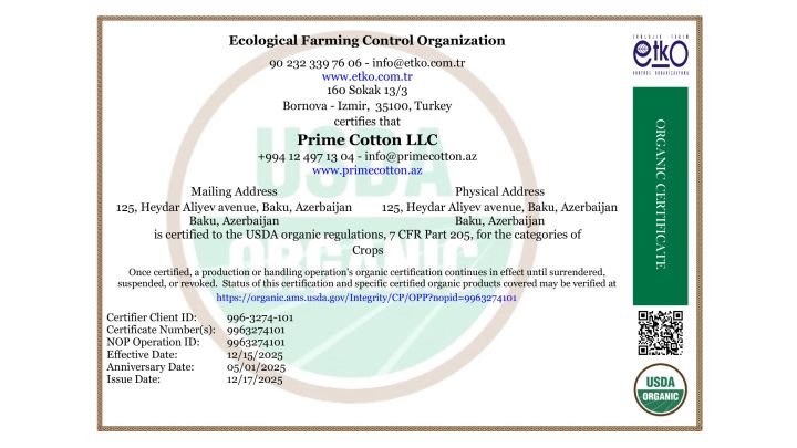 Azərbaycan pambıq sektorunda tarixi ilk: "Prime Cotton" USDA NOP Orqanik Sertifikatını əldə edən ilk şirkət oldu