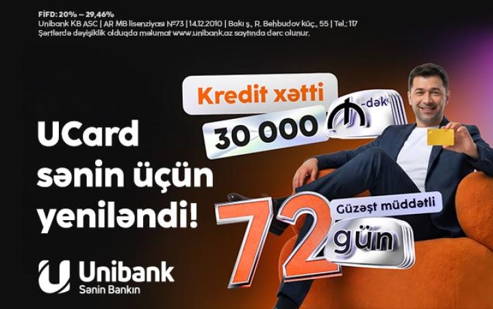 Unibank kredit kartını yenilədi: Kredit xətti 30 min manat, güzəşt müddəti 72 gün!